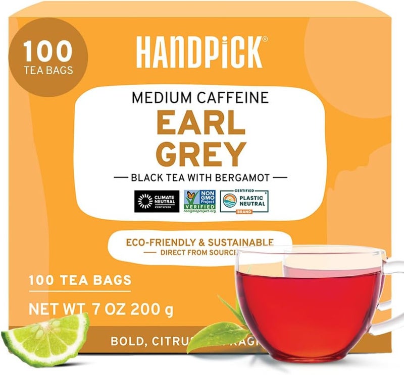 HANDPICK, Earl Grey Black Tea Bags (100 Count) Bergamot Oil | Caffeinated, Earl Grey Tea Bags | Flavoured With Citrus and Bergamot Brew Hot/Iced Tea with or without milk - Image 1